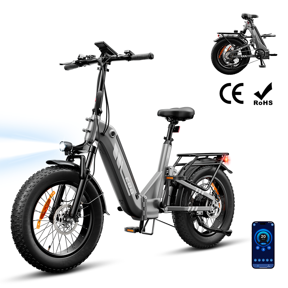 Grijze iScooter EB8 vouwbare elektrische fiets met lage instap en brede banden