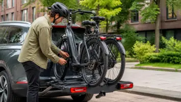 Twee elektrische fietsen op een trekhaakfietsdrager achter een auto