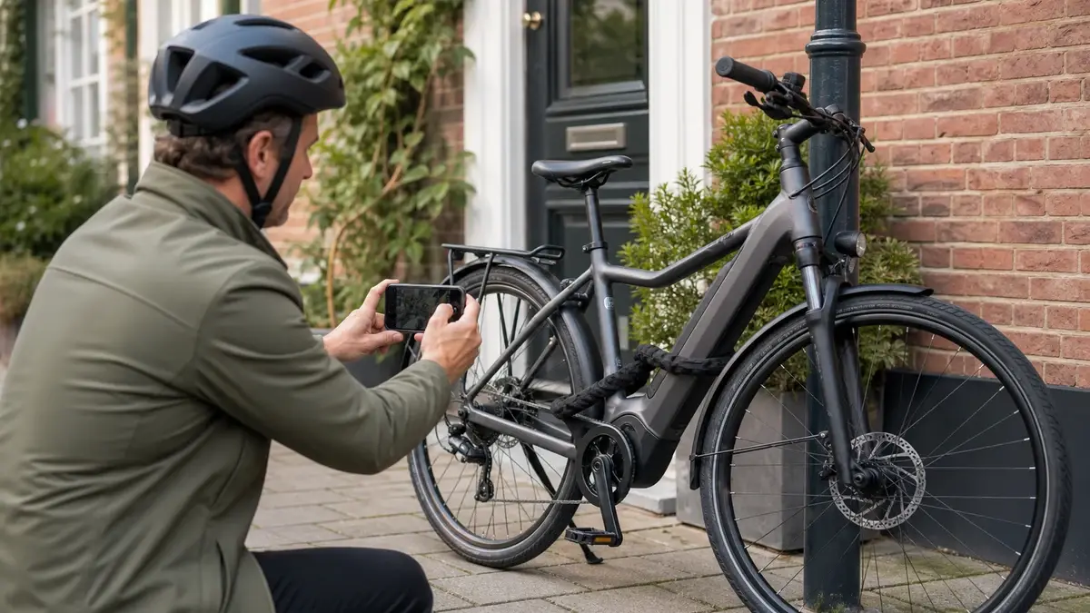 Elektrische fiets op slot bij een fietsenstalling in de stad