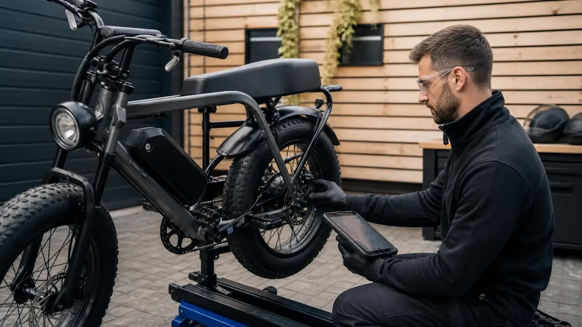 Fatbike met controller en bedrading zichtbaar bij het frame