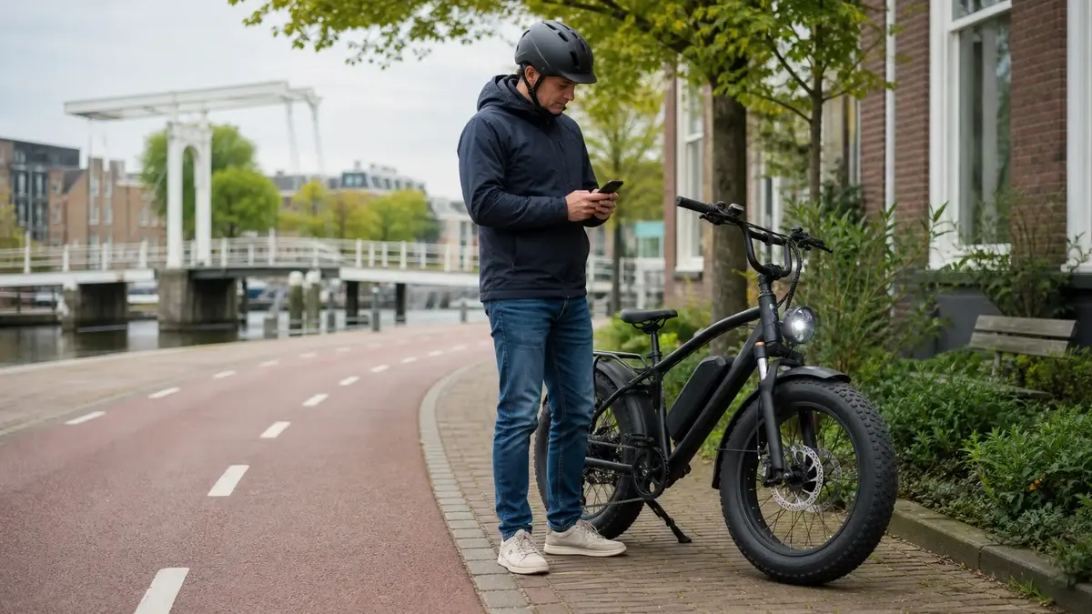 Fatbike op een Nederlands fietspad naast verkeersborden